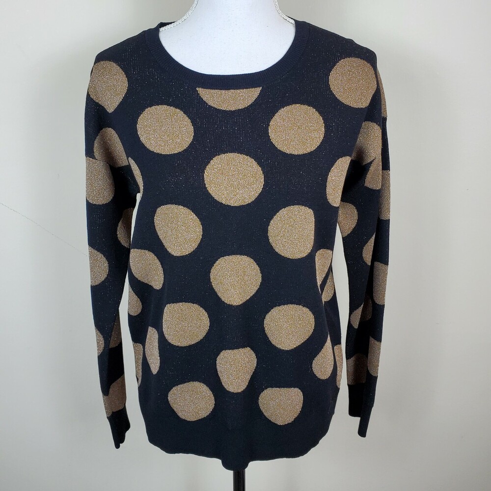 Ann Taylor Womens Sweater M Black Golden Metallic Polka Dot Pullover